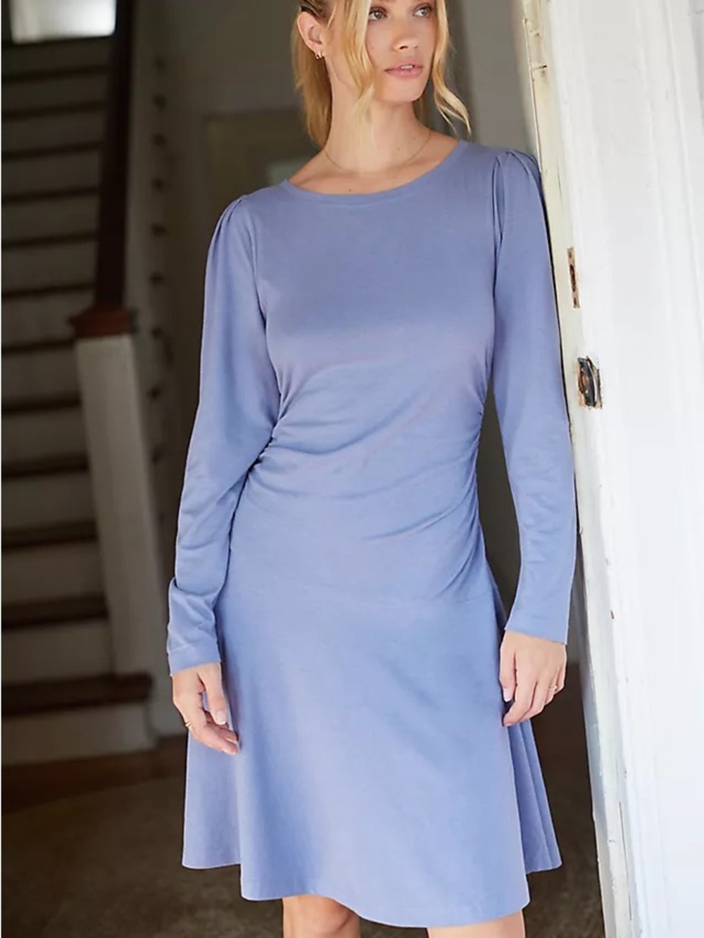 Anthropologie Daily Practice Ruched Longsleeve Mini Dress periwinkle blue small